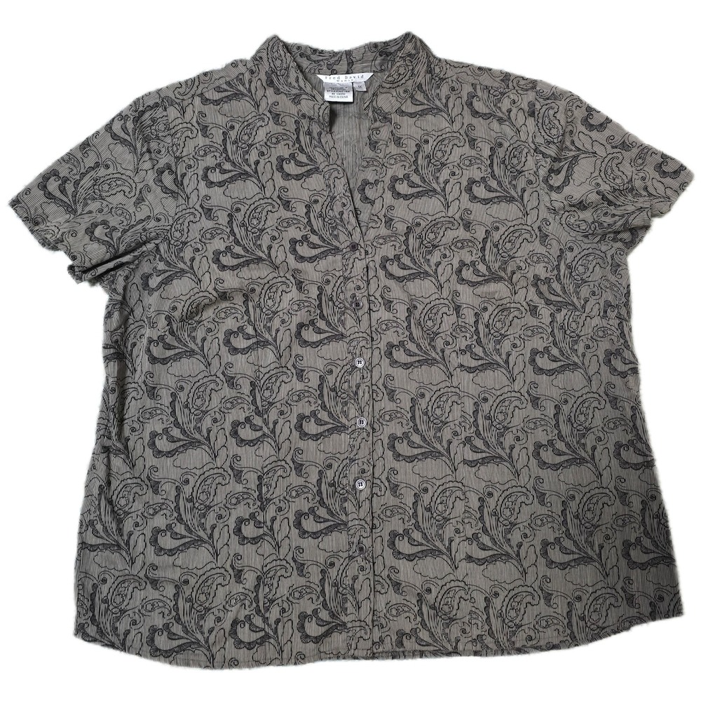 Fred David Woman Paisley Blouse Top, Gray Black, Short Sleeve, Size 1X(i)‎